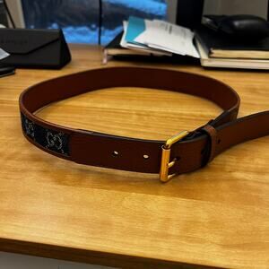 GUCCI WOMENS BROWN LEATHER & DENIM SQUARE BUCKLE BELT sz 85 34inch NEW Authentic